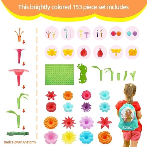 IQKidz 3-6 Years Old Toddler Toys - Flower Garden Building Toy with Insect Pegs, Educational Activity Gifts for Girls Preschool-Kindergarten, 153Pcs STEM Stacking Pretend Play Set thumbnail 5