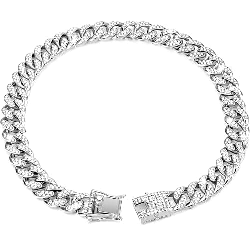 Tallew Silver Dog Chain Diamond Collar Walking Metal Chain Necklace with Secure Buckle Pet Cuban Style Collar Jewelry Accessories for Small Medium Large Dog Cats(22 Inch) - Image 1