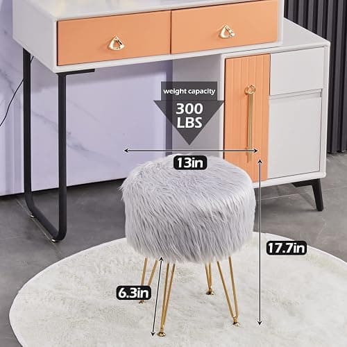 Mxfurhawa Faux Fur Storage Ottoman Round Furry Vanity Stool Marble Grain Tray Coffee Table Compact Footrest Stool with 4 Metal Legs Soft Makeup Seat Foot Stools for Living Room Bedroom Entryway Grey thumbnail 2