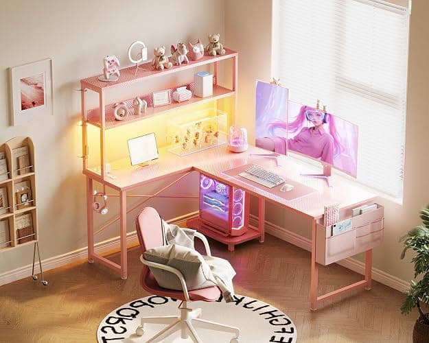 AODK L Shaped Desk Gaming Desk with LED Light & Power Outlet, 53 Inch Reversible L Shaped Computer Table with Shelf & Storage Bag & Hook for Home Office, Pink thumbnail 8