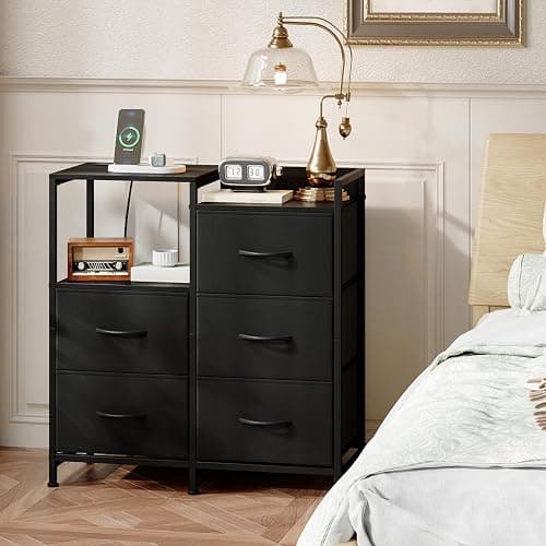 Somdot Black Nightstand with Charging Station and LED Light, Wide 5 Drawers Dresser for Bedroom with Fabric Bins and Open Shelf for Bedroom Kids Closet Dorm Guest Room, Black thumbnail 8