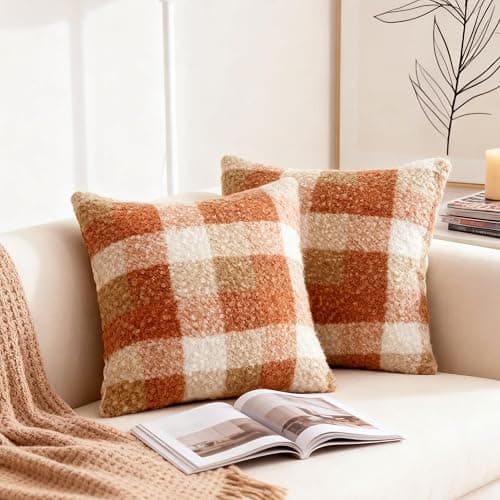 OSVINO Orange Plaid Christmas Fall Throw Pillow Covers Set of 2, 18x18 Inch Checkerboard Square Pillowcases, Cozy Fluffy Decorative Covers for Sofa Couch Living Room Bed thumbnail 7