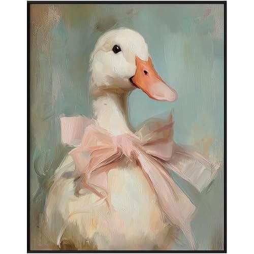 Cute Duck with Pink Bow Wall Art Girly Room Decor College Dorm Wall Art Soft Pastel Tones Painting Print Vintage Aesthetic Wall Decor Kids Room Decor (11 x 14 inch Print) - Image 1