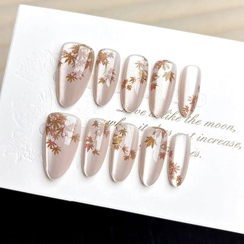 30 Pcs Fall Press on Nails Almond Fake Nails with Maple Leaf Design Nude Cat Eye False Nails Medium Glossy Acrylic Nails Autumn Thanksgiving Stick on Nail for Women thumbnail 2