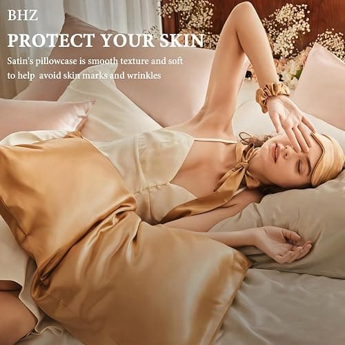 BHZ Satin Goose Down Feather Pillows Standard Size with Beige Satin Pillowcase for Hair and Skin, Cooling Pillow Cases Similar to Silk Pillow Cases, Decorative for Women, Mom Men thumbnail 3