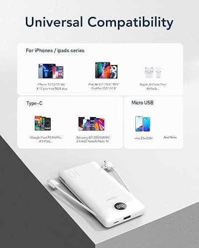 VEGER Portable Charger for iPhone Built in Cables and Wall Plug, 10000mah Slim Fast Charging USB C Power Bank, Travel Essential Battery Pack Compatible with iPhones, iPad, Samsung More Devices(White) thumbnail 6