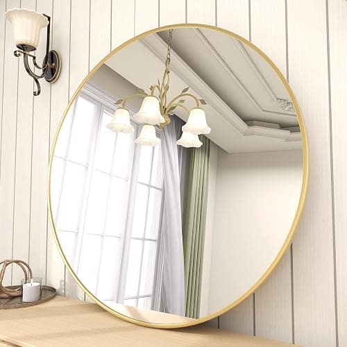 BEAUTYPEAK 24 Inch Round Mirror, Metal Frame Circle Mirror, Gold | Wall Mounted for Entryway, Bathroom, Vanity, Living Room thumbnail 6