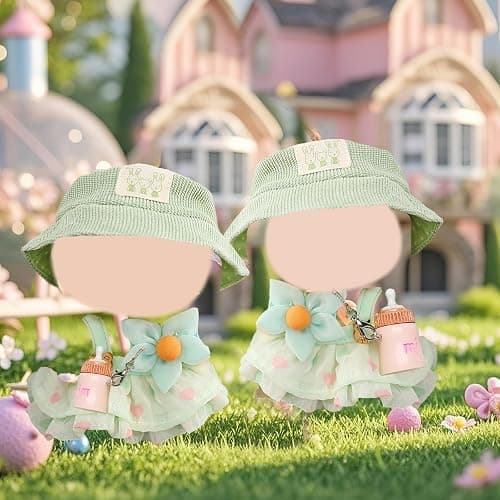 5 Pcs Doll Clothes for 17cm Dolls，Summer Youth Doll Clothes Accessories Set with 1 Green Strap Dress 1 Sunshade Hat 1 Bag 1 Bottle Decoration for Girls Boys Kids Birthday Gifts，No Doll thumbnail 2