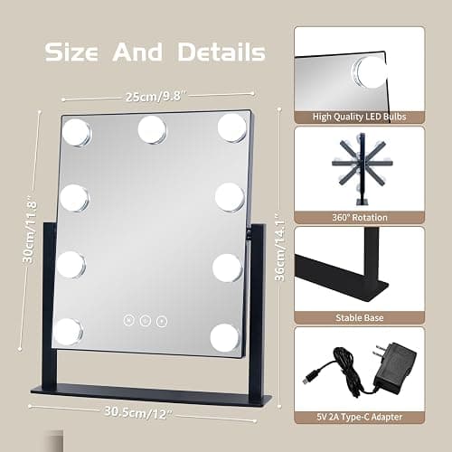 NUSVAN Vanity Mirror with Lights,Makeup Mirror with Lights with 9 Dimmable LED Bulbs, 3 Color Lighting Modes Detachable 10X Magnification Mirror Touch Control,360°Rotation thumbnail 2
