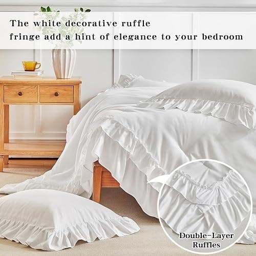 White Ruffle Comforter Set King Size, 3 Pieces Vintage Farmhouse Shabby Chic Comforters, Solid Color Lightweight Soft Fluffy Bedding Sets for All Season (1 Ruffled Comforter + 2 Pillow Shams) thumbnail 4
