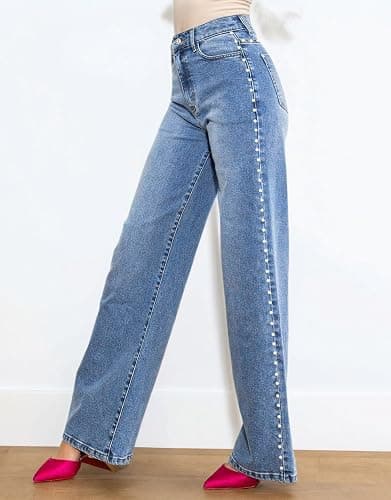 Kedera Women's High Waisted Jeans Stretchy Pearl Beaded Jeans Wide Leg Casual Denim Trousers Y2K Trendy Baggy Pants thumbnail 3