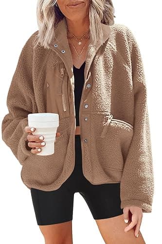 Nirovien Womens Fuzzy Fleece Jacket Button Down Sherpa Jacket | Warm Winter Coat with Pockets, Cozy Teddy Fluffy Jackets for Women, Cropped Fall Jacket, Fuzzy Sherpa Pullover, Travel Outfit - Image 1