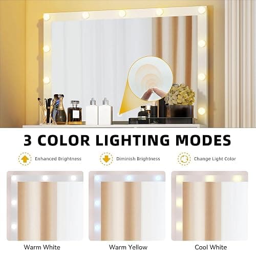 DWVO LED Makeup Vanity Table with 3 Light Modes, 4 Storage Drawers, Built-in Power Outlets & Hairdryer Holder, Dressing Table with Cushioned Stool thumbnail 4