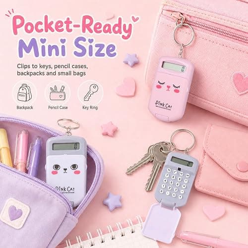NUOBESTY 2Pcs Mini Calculator Keychain, Pocket Size 8-Digit Flip Cover with Key Ring Cute Small Calculator Students Backpacks Pencil Cases Supplies for School Office Home (Pink & Gray) thumbnail 4