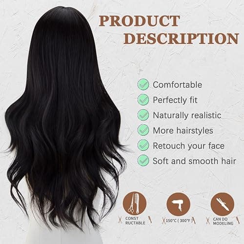 FREE BEAUTY Long Black Wavy Wig for Women 26 Inch Middle Part Curly Wavy Wig Natural Looking Synthetic Heat Resistant Fiber Wig for Daily Party Use thumbnail 5