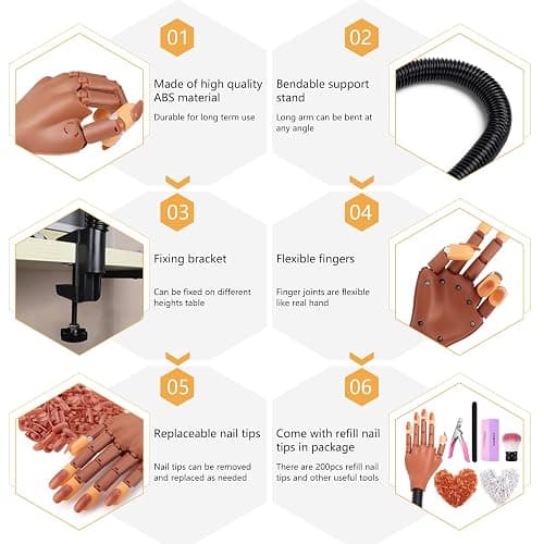 LIONVISON Practice Hand for Acrylic Nails, Flexible Nail Practice Hands Training Kits, Fake Manican Hands for Nails Practice, Movable Nail Maniquin Hand with 300PCS Nail Tips, File, Brush and Clipper - TypeA-nail hand with tools thumbnail 4