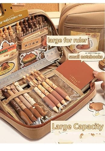 NAPIMICO Cute Capybara Pencil Case with 12 Compartments 90° Wide Opening Mouth Pencil Pouch with Kawaii Pins Plush Cute Stationery (Brown) thumbnail 4