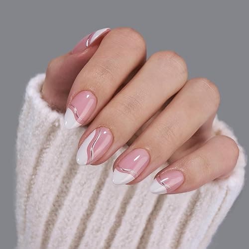 BTArtbox Press On Nails Almond - Swirl French Tip Press On Nails Short for Gifts, Nail Tips, Pink Fake Nail with Glue, Glue On Nails in 16 Sizes - 30 Nail Kit, Tiny Silver - X-Tiny Silver thumbnail 3