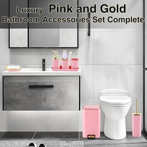 XLHOMO Pink Bathroom Accessories Set 8 Piece Pink and Gold Bathroom Set, Bathroom Sets with Stainless Steel Trash Can,Toilet Brush,Toothbrush Set,Soap Dispenser thumbnail 6