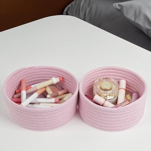 Small Storage Basket, Set of 3 Woven Baskets, Cotton Rope Small Baskets for Organizing, Cute Mini Tiny Round Basket, Bathroom Organization Bin (Pink) thumbnail 4