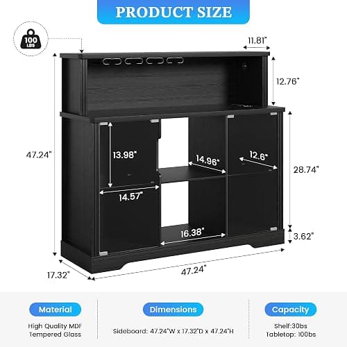 TAGELIER 47'' Wine Bar Cabinet with Mini Fridge Space & RGB Lights | Charging Station, Coffee Bar Station, Adjustable Shelves, Wine Racks, Liquor Cabinets, for Home Bar Dining Room Living Room thumbnail 2