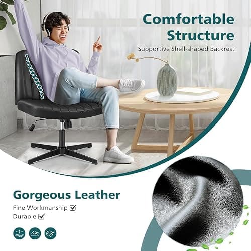 OLIXIS Criss Cross Legged Chairs Armless No Wheels Wide Seat Height Adjustable Swivel Padded PU Leather Home Office Desk Seating for Bedroom, Student, Study Room thumbnail 5