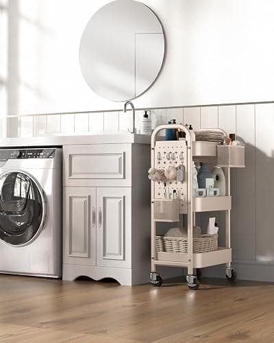 ALVOROG 3 Tier Rolling Cart with DIY Pegboards Metal Utility Cart with Wheels Handles Baskets Hooks, Craft Cart for Office Kitchen Bathroom(Khaki) thumbnail 9