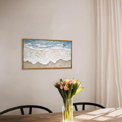 Abstract Framed Wall Art Abstract Wall Decor Living Room,Beach Art Print Soft Blue Nature Seascape Pictures Wall Decor for Bathroom Bedroom Office,18"x10" thumbnail 3