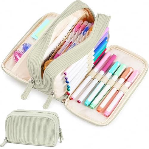 Sooez Big Capacity Pencil Case Pen Pouch, Soft Corduroy Pencil Bag with 3 Compartment, Multiple Pockets, Sturdy Zipper, Cute School Supplies Pen Bag Organizer For Teen Girls College, Green - Image 1
