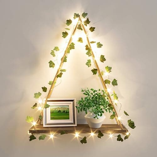 RICHER HOUSE Artificial Ivy LED-Strip Wall Hanging Shelves, Macrame Shelf for Bedroom Bathroom Living Room Kitchen, Wood Hanging Plant Shelves for Wall Décor - Image 1