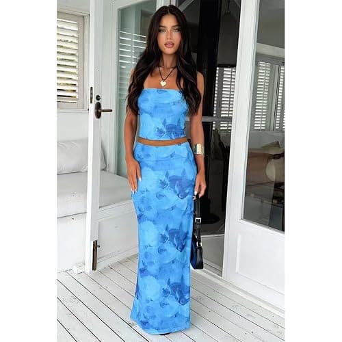 Goafuliy 2 Piece Skirt Sets for Women Summer, Floral Sleeveless Tube Top Bodycon Maxi Skirts Y2k Vacation Going Out Outfits thumbnail 2