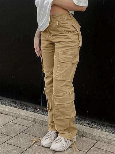 SDNGED Cargo Pants for Women High Waisted Casual Pants Baggy Y2k Straight Wide Leg Pants with Pockets Streetwear - Medium - Khaki thumbnail 2