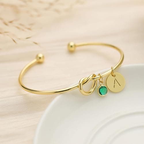 Valentine's Day Gift Initial Birthstone Gold Bracelets for Women Bridesmaid Proposal Gift Tie the Love Knot Cuff Bangle Bracelet 14K Gold Plated Adjustable Birthstone Bracelets Personalized Charm Birthday Gift thumbnail 6
