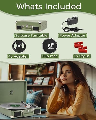 Vinyl Record Player 3 Speed Portable Suitcase Record Player with Treble & Bass Control, Built-in Speakers, 3.5mm Headphone Jack, RCA-Out/Aux in, Vintage Belt-Driven Turntable, Sage Green thumbnail 8