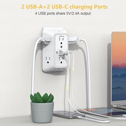 Wall Outlet Extender with Night Light, Power Plug Adapter 6 Outlet Extender with 4 USB Charging Ports 1050J Power Strip Multi Plug Adapter Spaced for Home Travel Office (2U2C)-ETL thumbnail 3