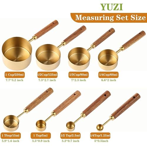 8Pcs Measuring Cups and Spoons Set - Golden Stainless Steel Measuring Cups with Wooden Handle, Metal Measuring Spoons Set Nesting Kitchen Measure Set for Kitchen/Food/Baking (8Pcs Wooden Handle) thumbnail 3
