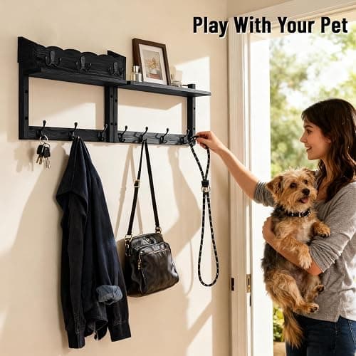 28-Inch Wood Wall Mounted Coat Rack with Shelf, 7 Hooks, 3 Key Holder | All-in-one entryway organizer featuring a top wood shelf, mail holder, 7 sturdy coat hooks, and 3 key hangers for home thumbnail 6