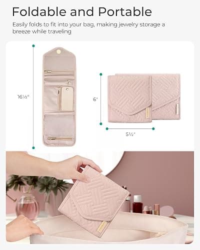 BAGSMART Travel Jewelry Organizer Case Foldable Small Jewelry Roll for Journey Rings, Necklaces, Earrings, Bracelets,Mini,Soft Pink thumbnail 3