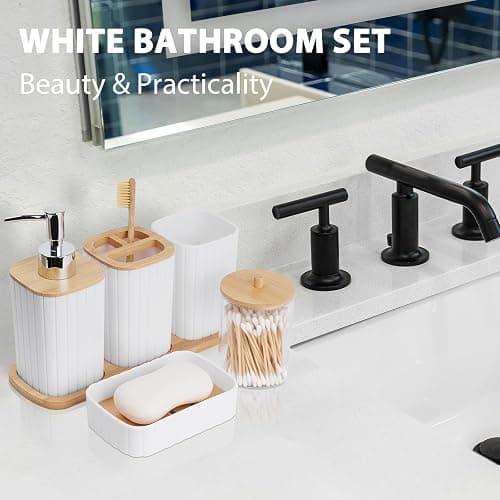 Bathroom Accessory Set - 10 Piece White Bathroom Sets Complete with Trash Can, Toothbrush Holder & Cup, Soap Dispenser, Soap Dish, Toilet Brush & Holder, Vanity Tray, Qtip Holder, Tissue Box Cover thumbnail 2