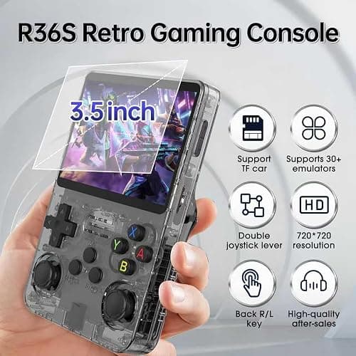 R36S Retro Spielkonsole, 3,5 Zoll IPS Bildschirm, 128GB Speicher, 40.000 Vorinstallierte Spiele, Tragbare Handheld Konsole für Kinder und Erwachsene, Multi-Emulator Unterstützung, Violett (Black) thumbnail 3