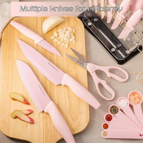 Astercook Knife Set with Block and Sharpener, 22 Piece Kitchen Knife Set Dishwasher Safe, Space-Saving Clear Knife Block with Knives for Everyday Home Cooking Pink thumbnail 2