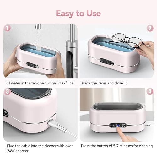 BYASKZIV Jewelry Cleaner Ultrasonic Machine, Upgraded 48KHz Ultrasonic Cleaner with 304 Stainless Steel for Jewelry, Eyeglasses, Rings, Watch Strap, Dentures-Pink thumbnail 5