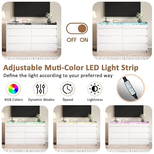 ZORPLIX White 8 Drawer Dresser for Bedroom, Modern Chest of Drawers, Jewelry Dresser Display with Glass Top and LED Light, Dressers Organizer for Bedroom, Closet, Living Room thumbnail 6