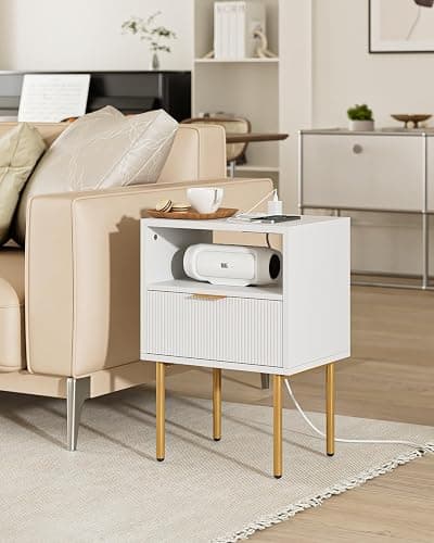 AEPOALUA Nightstand with Charging Station,Morden Bedside Table with Gold Frame,Small White Night Stand,End Table,Bedside Furniture,Side Table with Drawer and Shelf for Bedroom,Living Room thumbnail 4