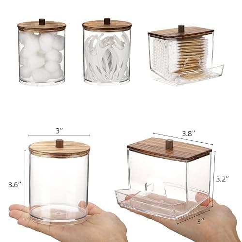 Tbestmax Qtips Dispenser Bathroom Container, 10/12 oz Big Cotton Ball Holder, Apothecary Jar Organizer for Storage Cotton Swab, Round Pads, Floss Picks (Brown Wood Lids) thumbnail 3