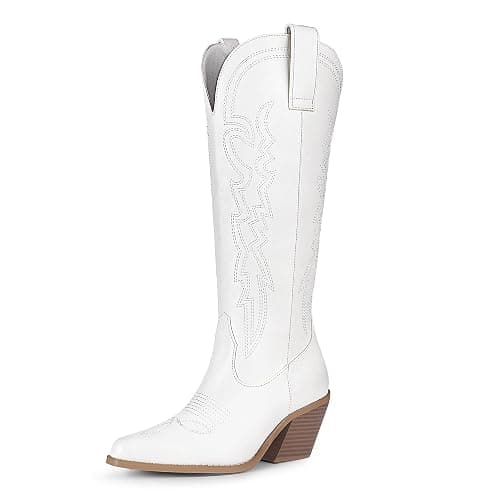 IDIFU IN3 Cowboy Boots for Women Cowgirl Knee High Western Embroidered Booties Side Zipper Low Block Chunky Heel Pull on Pointed Toe Tall Booties Comfy Dress Long Boots - Image 1