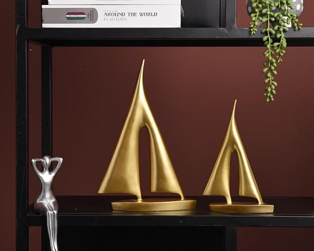 Modern Sculptures Home Decor, Gold Sailboat Decor Ornament, Boat Decorations Statue Decor, Art Sculptures and Statues, Sailboat Gifts Home Office Bathroom Shelf Decor Nautical Decor (2 Pack) thumbnail 4