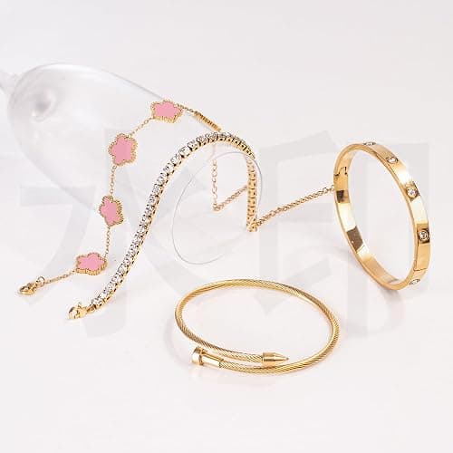 18K Gold Plated Womens Stackable Floral Gold Clover Bracelets Set Love Bangle Bracelets Non Tarnish, Nail Bracelet Set Trendy Jewelry,Gifts for Women's Day and Mother's Day thumbnail 5