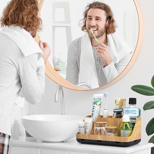 GFWARE Bathroom Organizers and Storage - Detachable 7 Slots Kids Electric Toothbrush and Toothpaste Holde Drainage for Bathroom Accessories Organization Counter Vanity Storage, Wood - Wood thumbnail 6