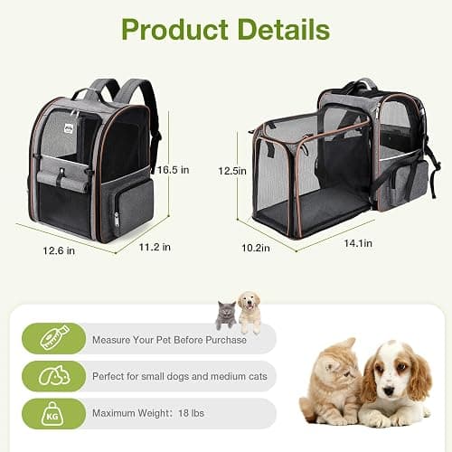Lekebobor Large Cat Backpack Carrier Expandable Pet Carrier Backpack for Small Dogs Medium Cats Fit Up to 18 Lbs, Dog Backpack Carrier, Foldable Puppy Backpack Carrier for Travel, Hiking,Grey thumbnail 2